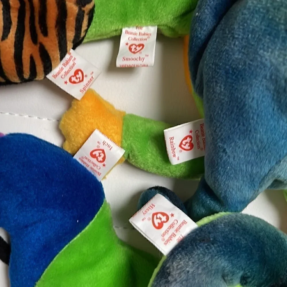 5 beanie babies.  Hissy, Spinner, Smoochy, Inch, Rainbow.